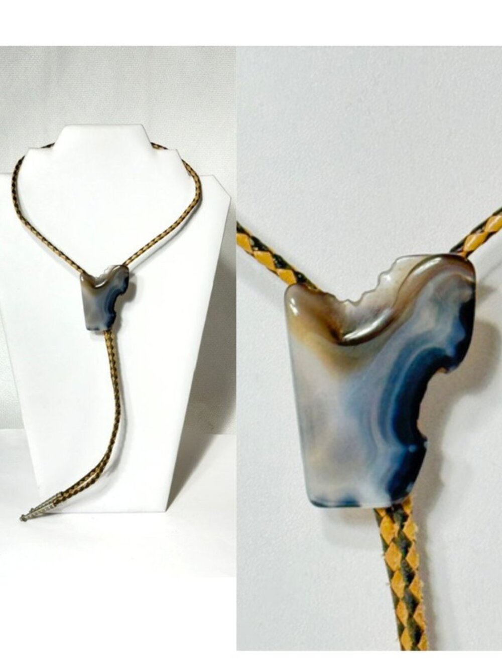Agate stone, leather cord western cowboy bolo tie.
